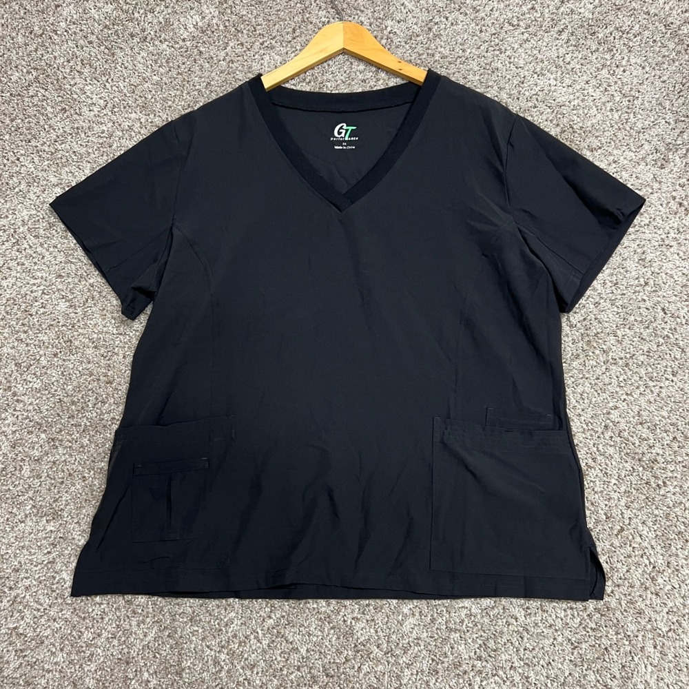 GT Performance Women Black V-Neck Scrub Top 2X Short Sleeve Pockets Medical